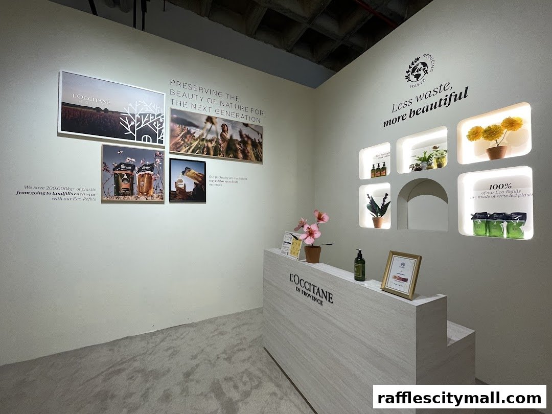 L'Occitane store interior with displays promoting eco-friendly practices and products.