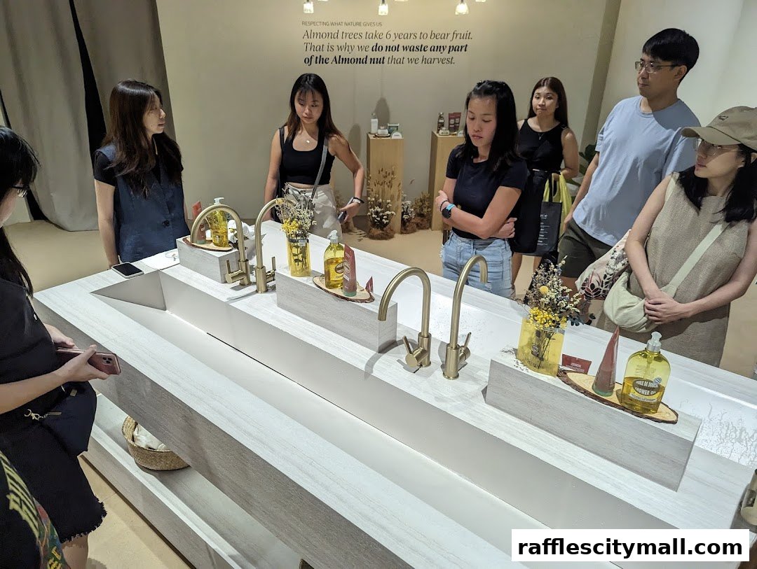 People are gathered around a display featuring sinks, faucets, and L'Occitane products.