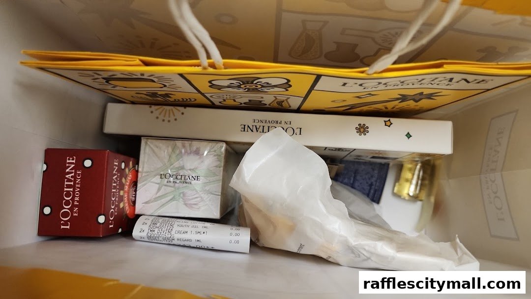 A shopping bag filled with L'Occitane products, including boxes and a receipt.