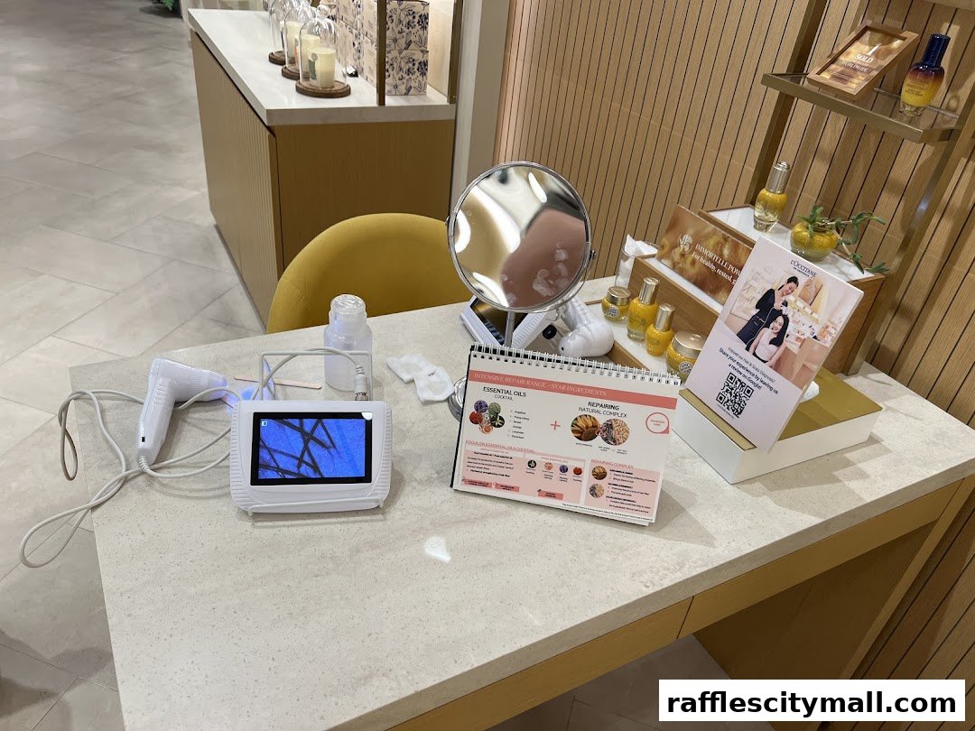 L'Occitane shop display featuring skincare products, a magnifying device, and promotional materials.