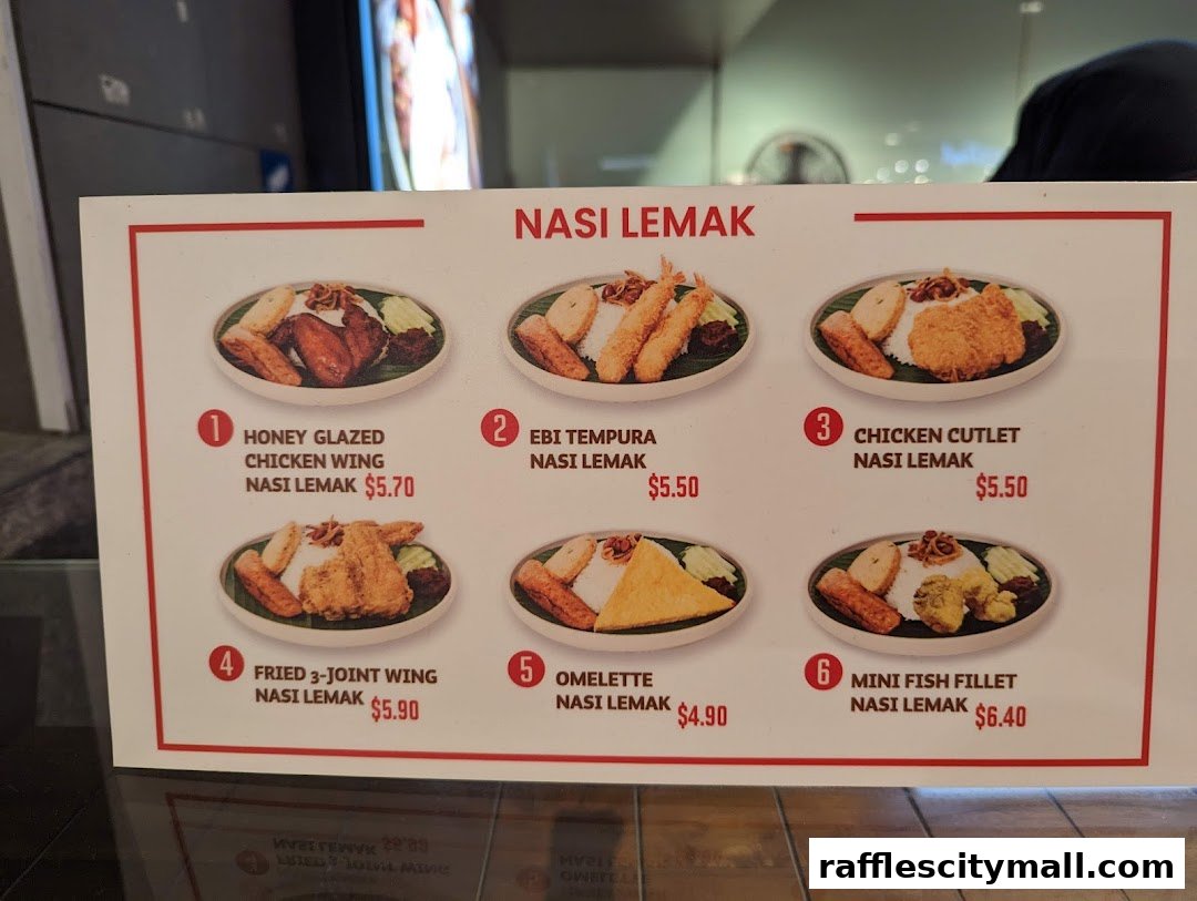 A menu board displaying six different Nasi Lemak meal options with prices.