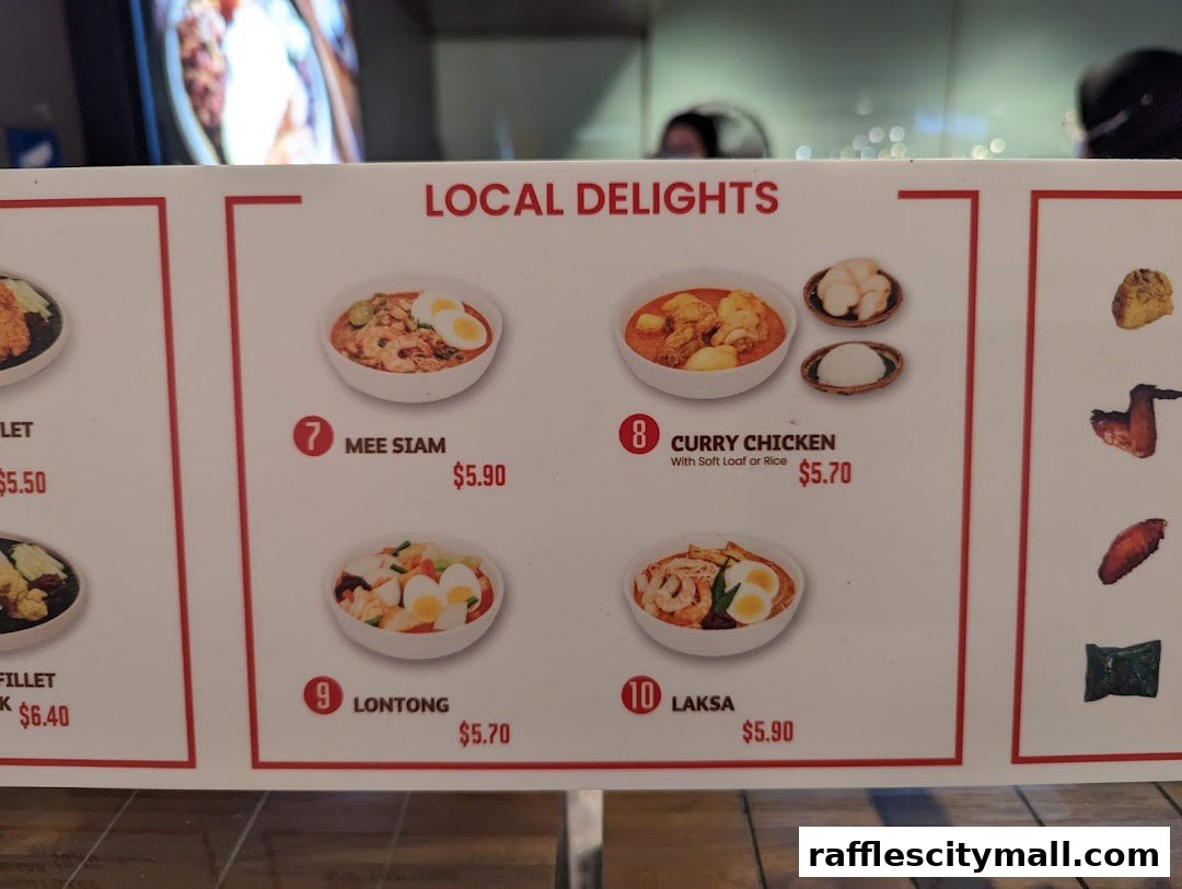 A menu board displaying local delights with pictures and prices of various dishes.
