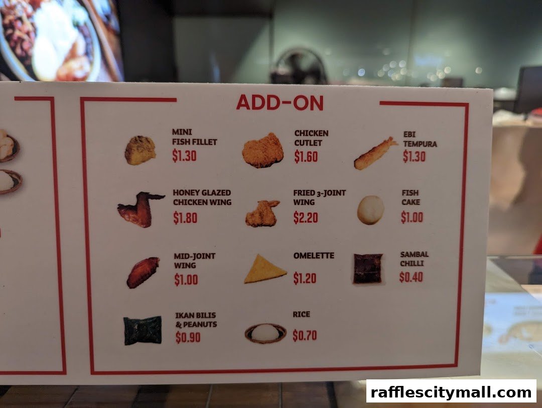 A menu board displaying various add-on food items with prices.
