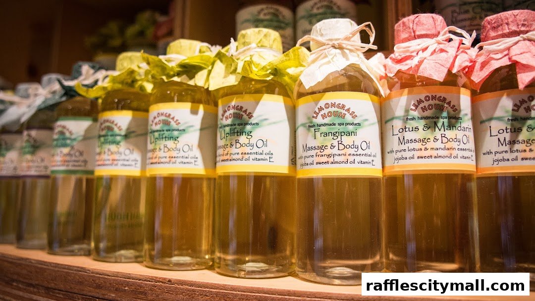 Bottles of massage and body oil with labels from Lemongrass House.