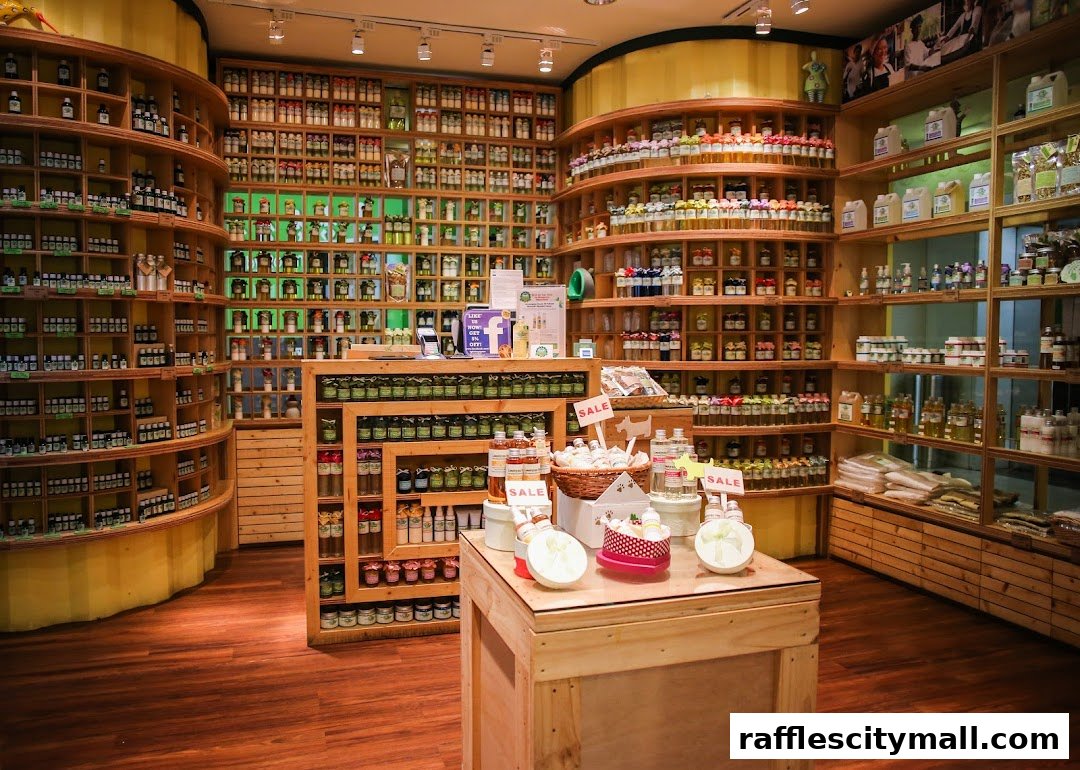 Interior of a shop filled with shelves of bottled products, including oils and lotions.