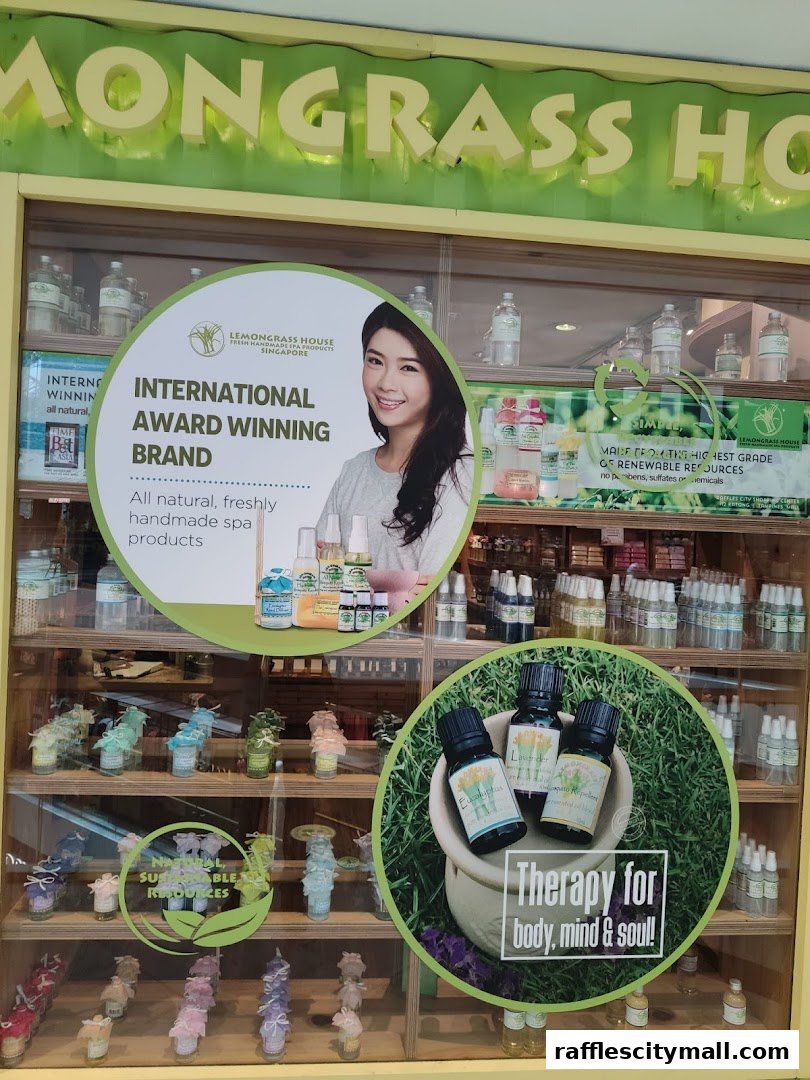 The storefront window of Lemongrass House, showcasing natural spa products and awards.