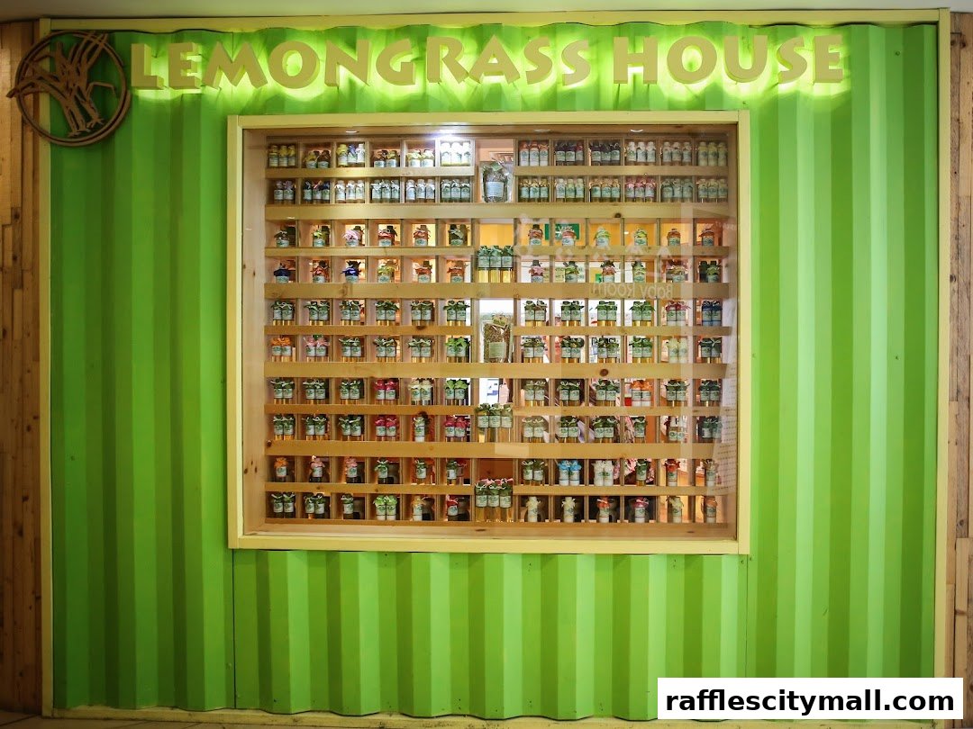 Lemongrass House shop front with a display of many small bottles on shelves.