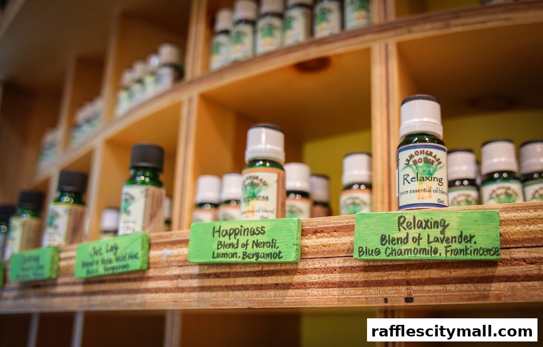 Shelves filled with small bottles of essential oils, labeled with their blends and benefits.