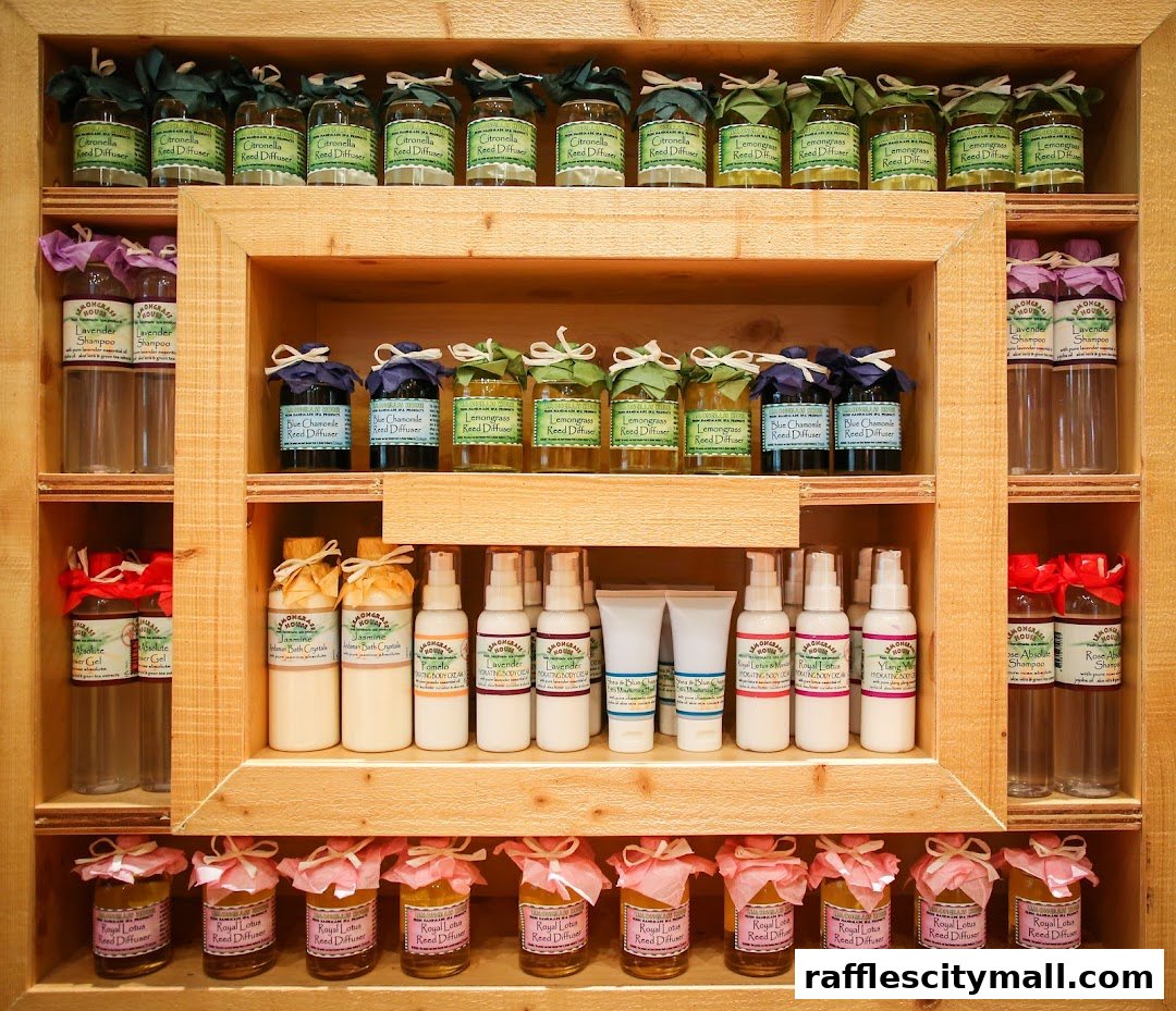 A wooden shelf displays various aromatherapy products including reed diffusers, lotions, and shampoos.