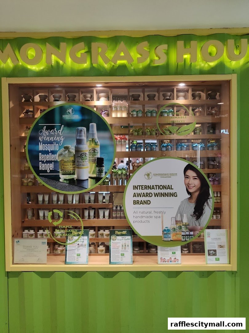 The storefront of Lemongrass House, showcasing award-winning natural spa products.