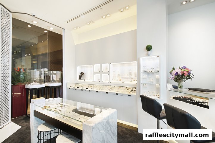 Interior of a modern jewelry store with display cases filled with necklaces, earrings, and bracelets.