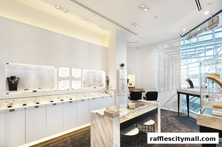 Interior of a modern jewelry store with display cases filled with necklaces, earrings, and bracelets.