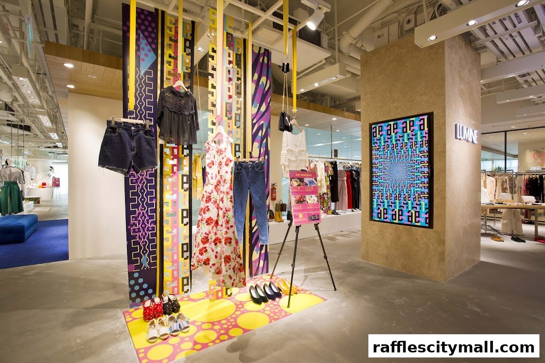 A brightly lit retail store interior with a colorful display of women's clothing and accessories.