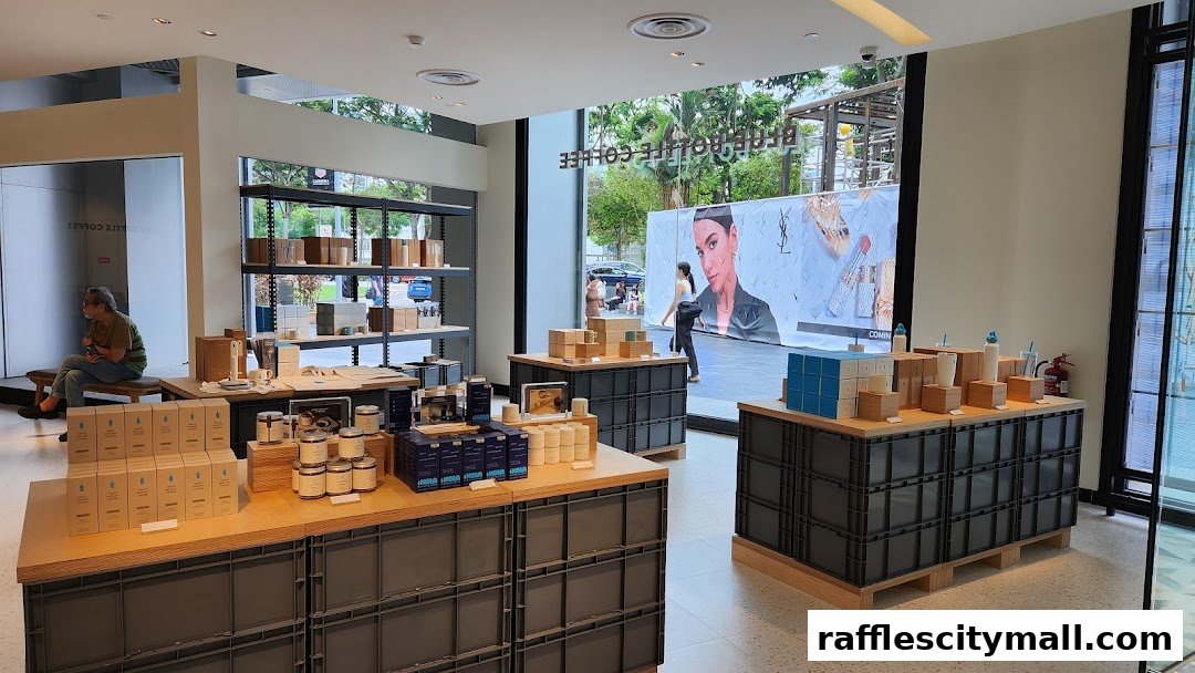 Interior view of a modern retail store with products displayed on shelves and tables.