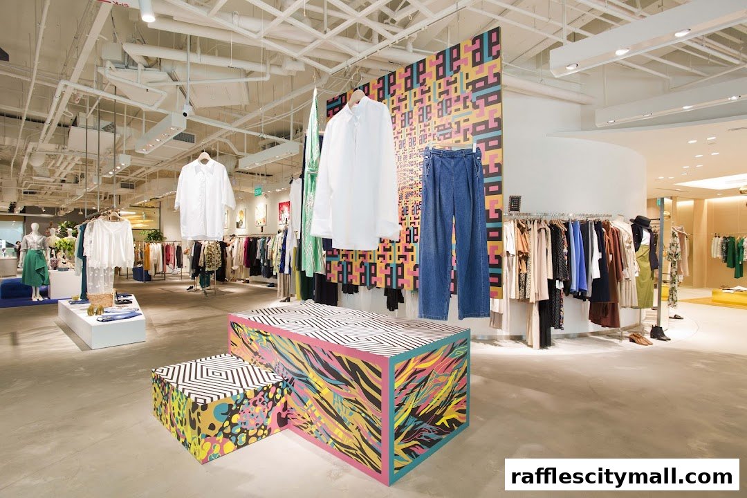 Interior view of a stylish clothing store with racks of apparel and colorful display cubes.