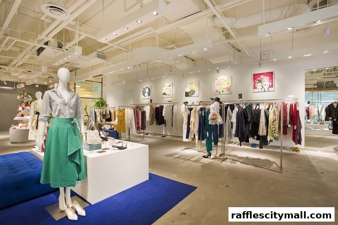 Interior view of a stylish clothing store with mannequins and racks of apparel.