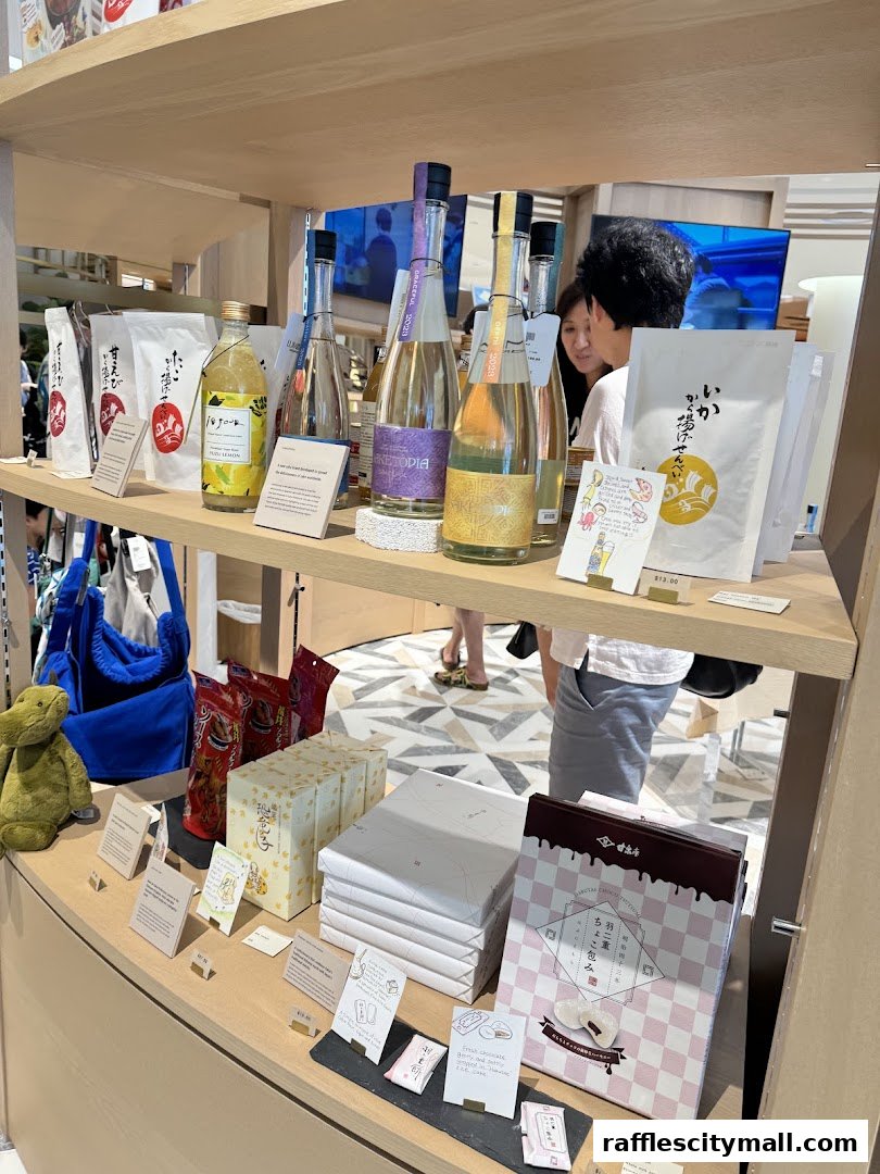 A display of Japanese snacks and beverages, including bottles of sake and packaged sweets.