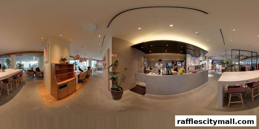 Interior view of a modern cafe and retail space with seating and merchandise displays.