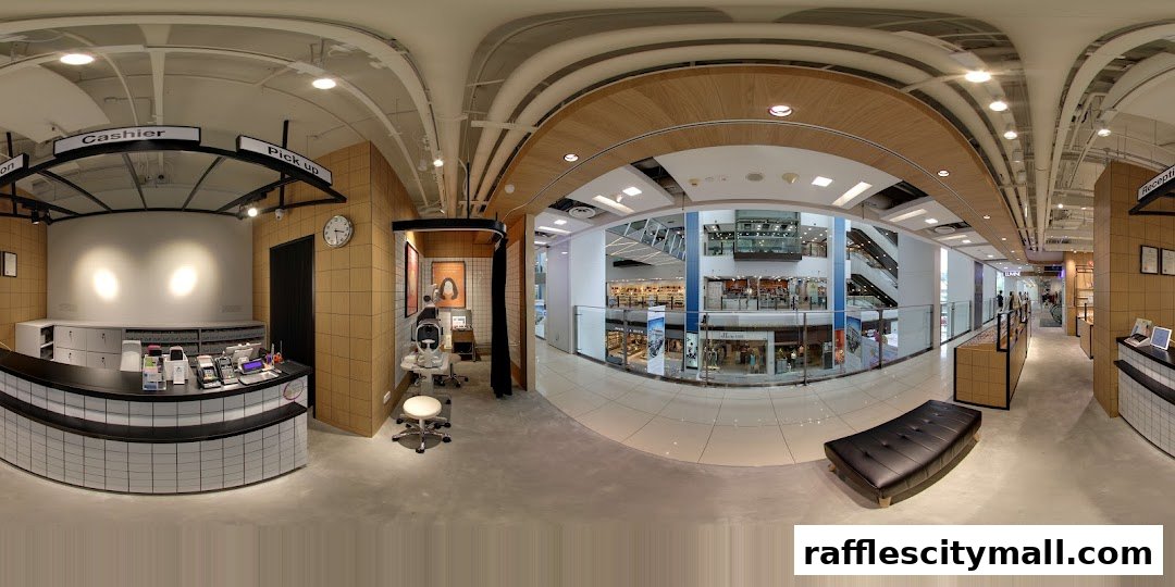 Interior view of a modern retail shop with a cashier counter, pick-up area, and eye examination station.