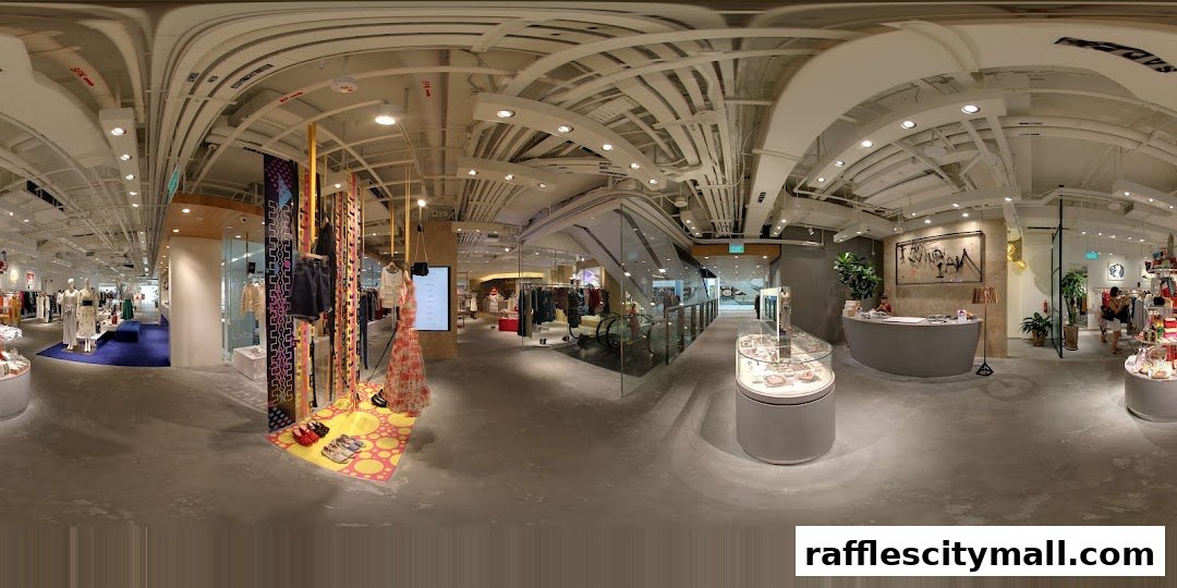 Interior view of a modern retail store with clothing displays, mannequins, and a reception desk.