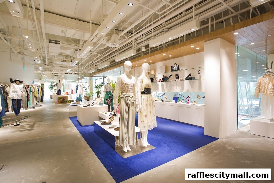 Interior view of a stylish clothing and accessories store with mannequins and displays.
