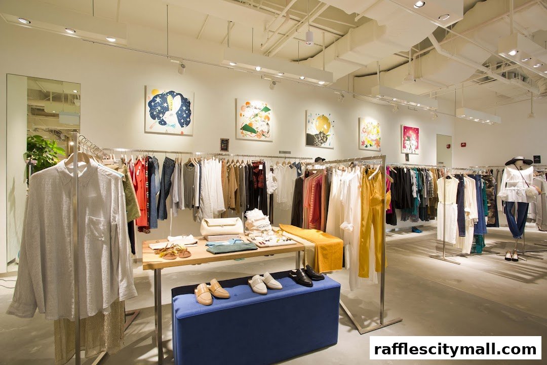 Interior view of a stylish clothing boutique with racks of apparel and artwork on the walls.