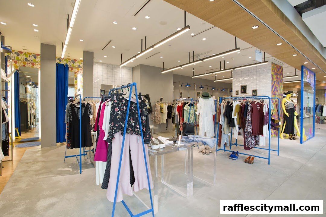 Interior view of a clothing store with racks of apparel and mannequins.