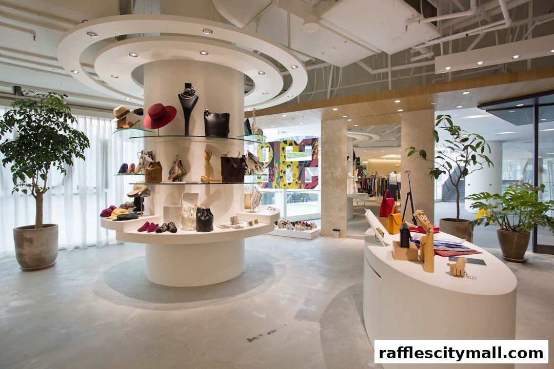 Interior of a stylish boutique showcasing hats, bags, jewelry, and shoes on display shelves.