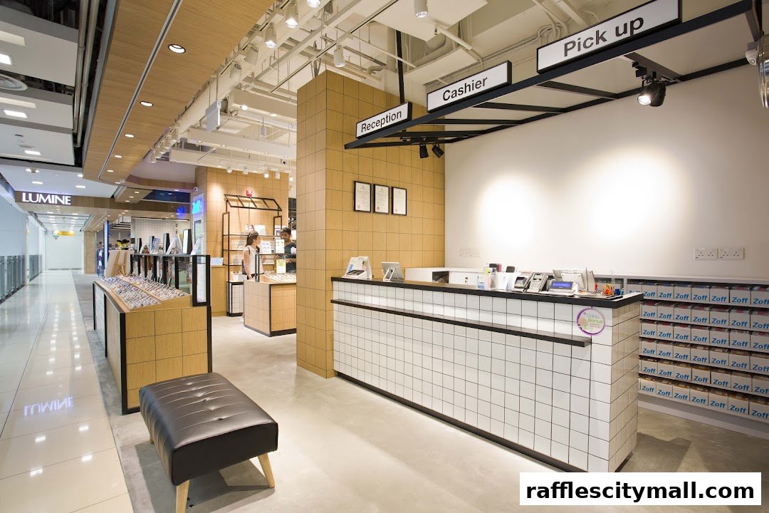 Interior view of a modern retail store with a reception and cashier counter, and displays of eyewear.