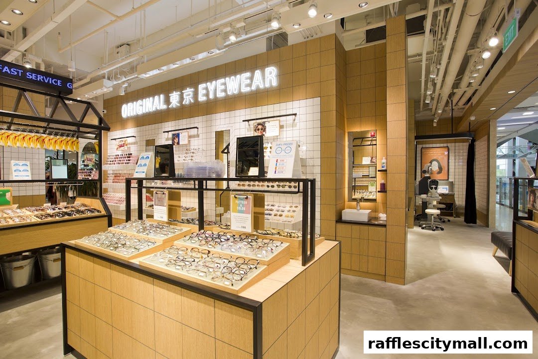 Interior of an eyewear store with displays of glasses and a consultation area.