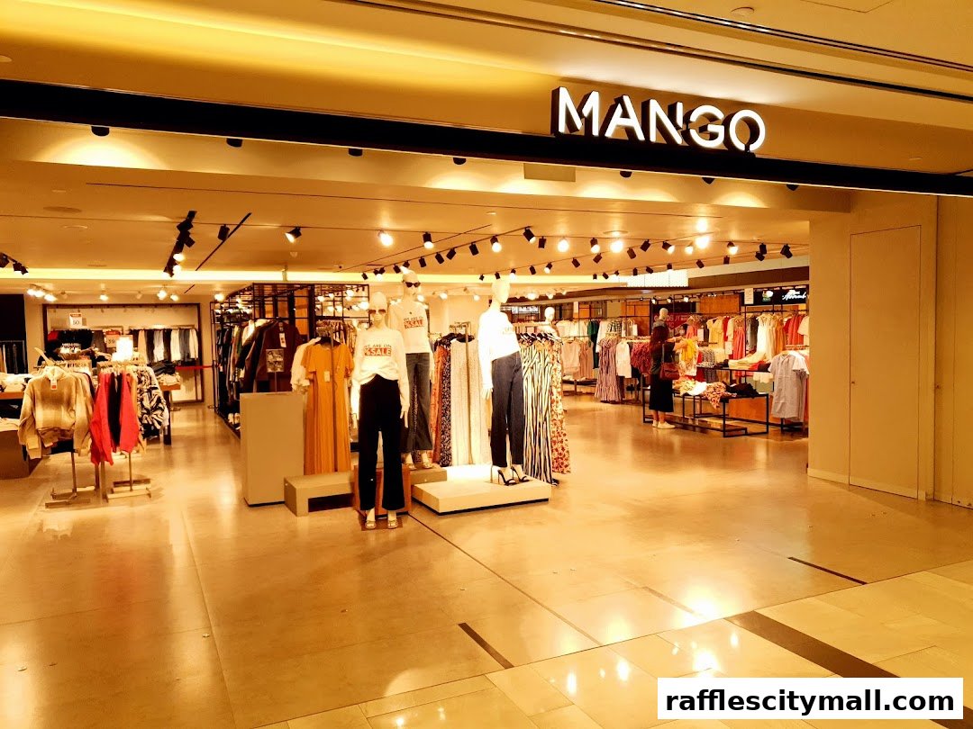 The entrance of a MANGO clothing store with mannequins displaying outfits and racks of clothes.