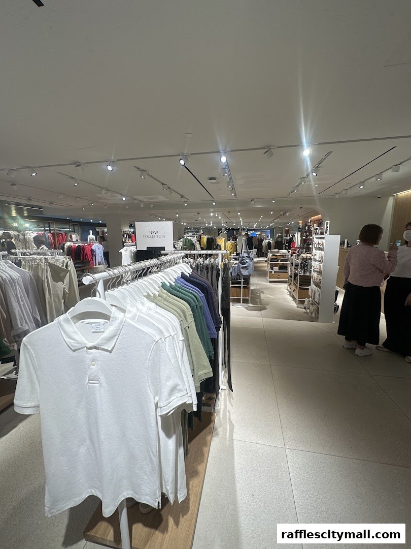 Interior view of a MANGO clothing store showcasing new collection polo shirts and apparel.