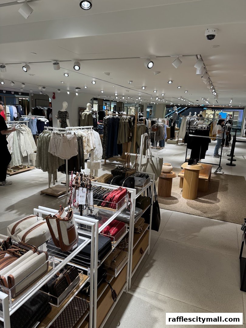Interior view of a MANGO clothing store showcasing racks of apparel and accessories.