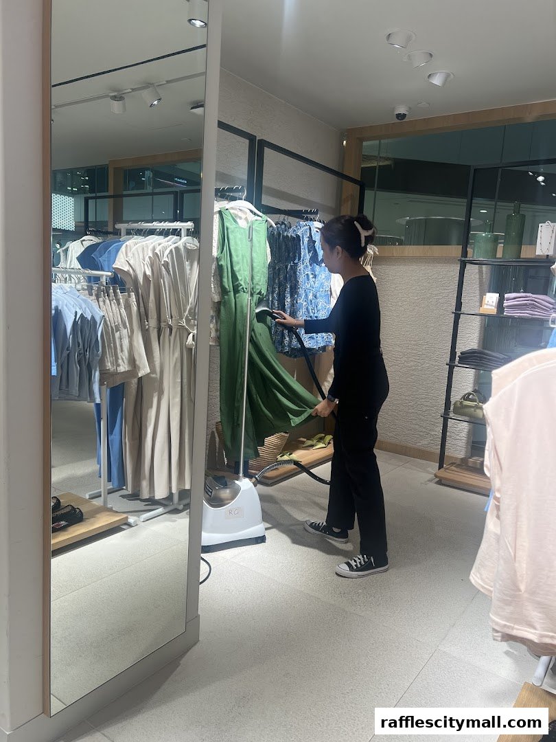 A store employee steams a green dress in a clothing store.