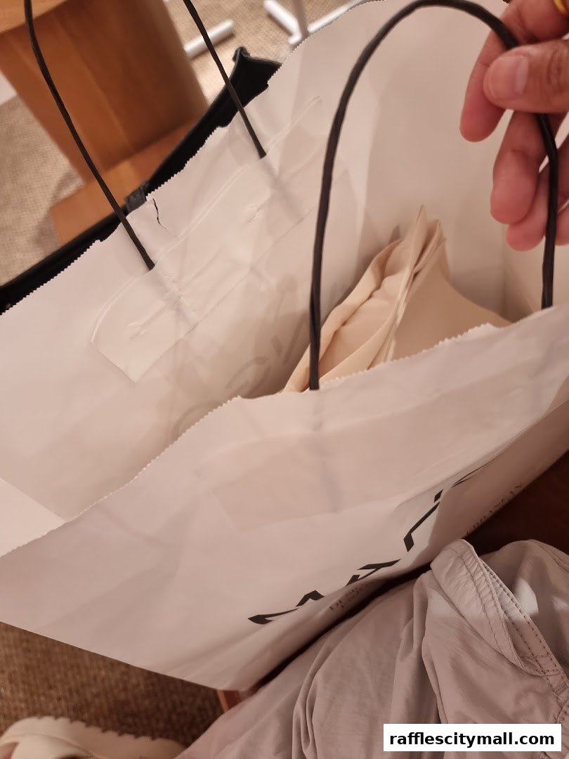 A person holding a MANGO shopping bag filled with items.