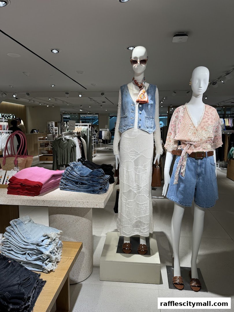 Mannequins display stylish outfits with denim and knitwear in a bright retail store.