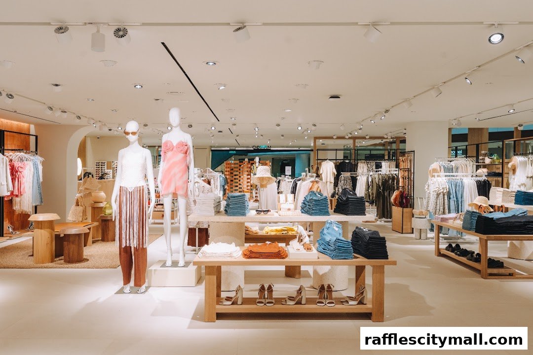 Interior view of a MANGO clothing store showcasing mannequins and folded apparel.