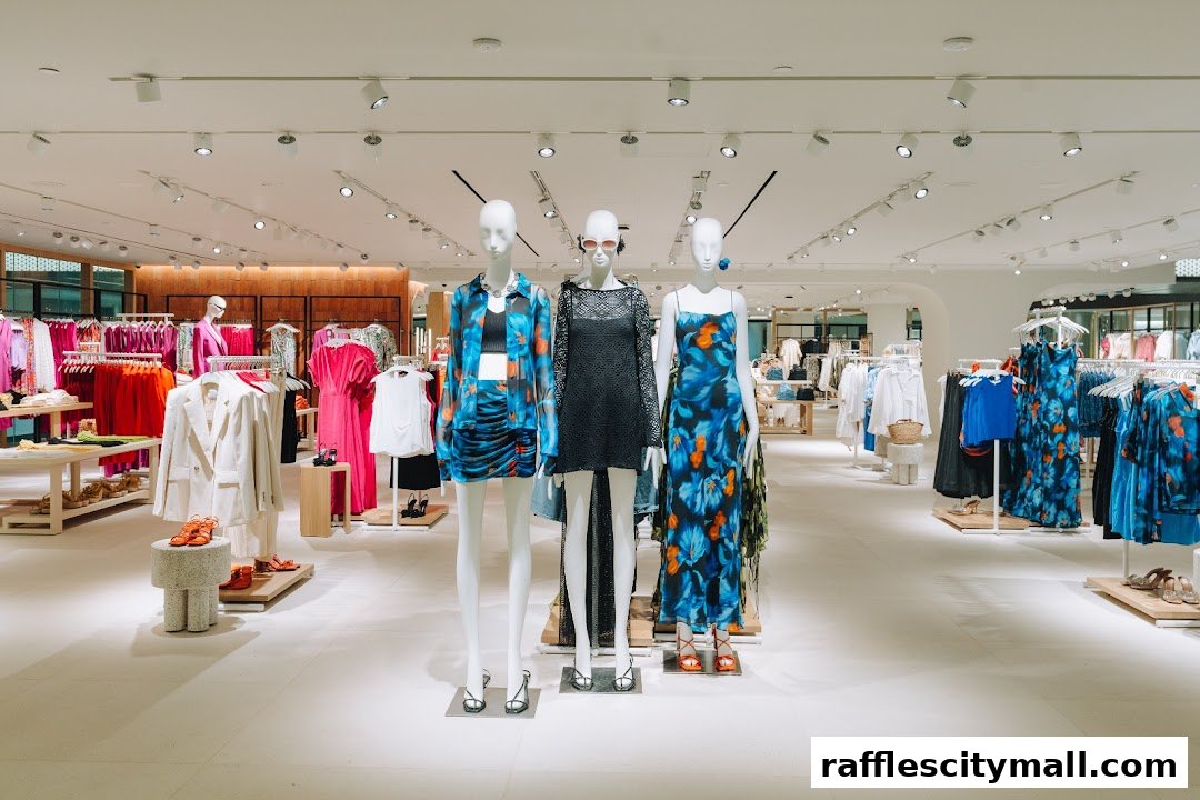 Mannequins display fashionable outfits in a brightly lit clothing store.