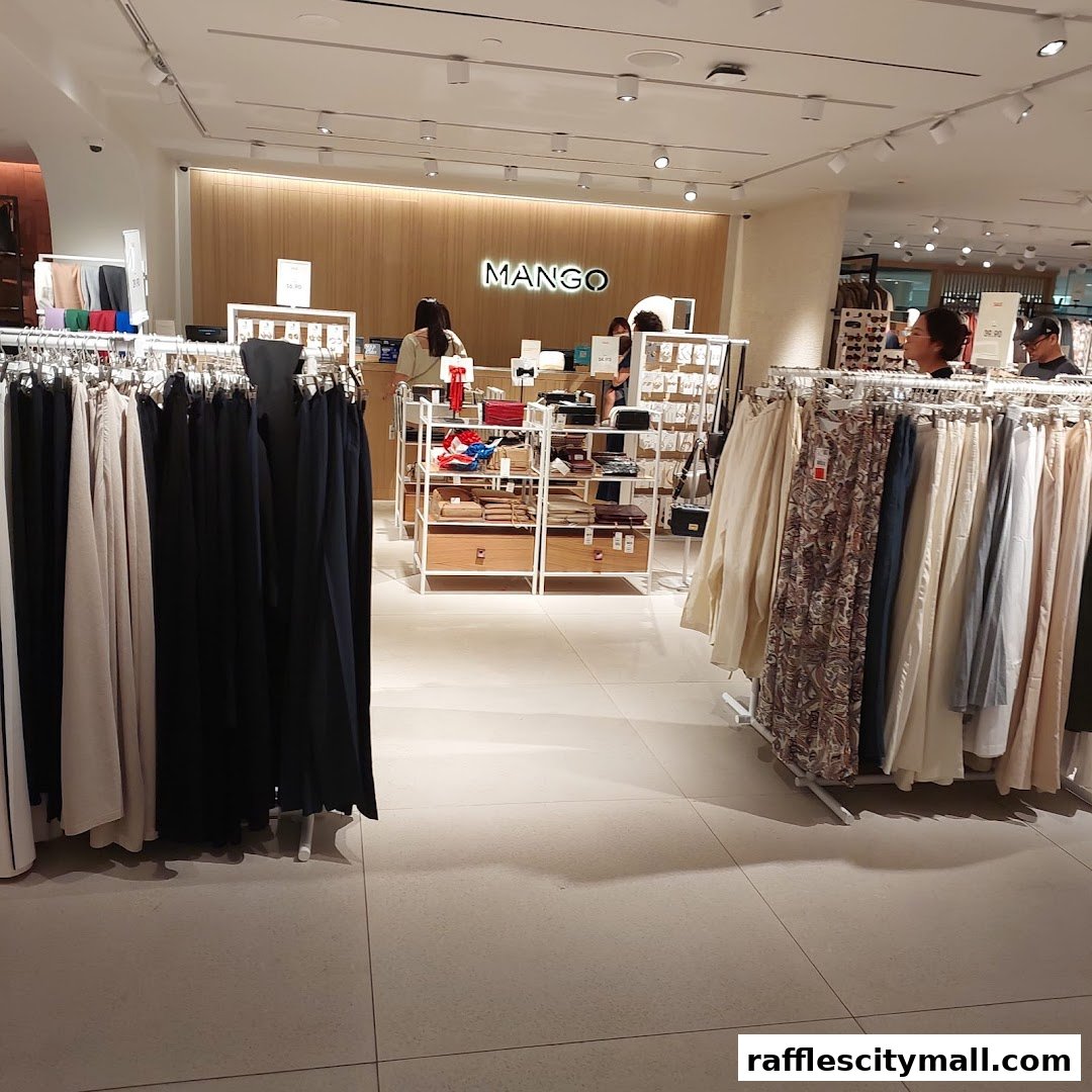 Interior view of a MANGO clothing store with racks of apparel and display shelves.
