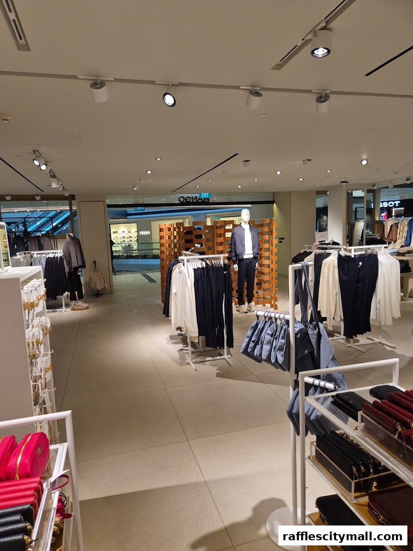 Interior view of a MANGO clothing store with mannequins and clothing racks.