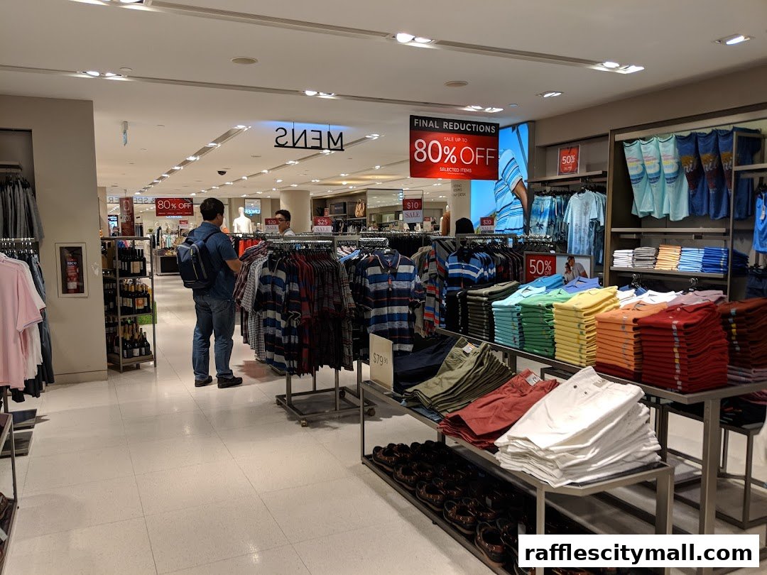 Interior view of a Marks & Spencer store showcasing men's clothing with sale signs.