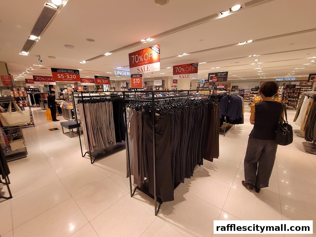 Interior view of a Marks & Spencer store with clothing racks and sale signs.