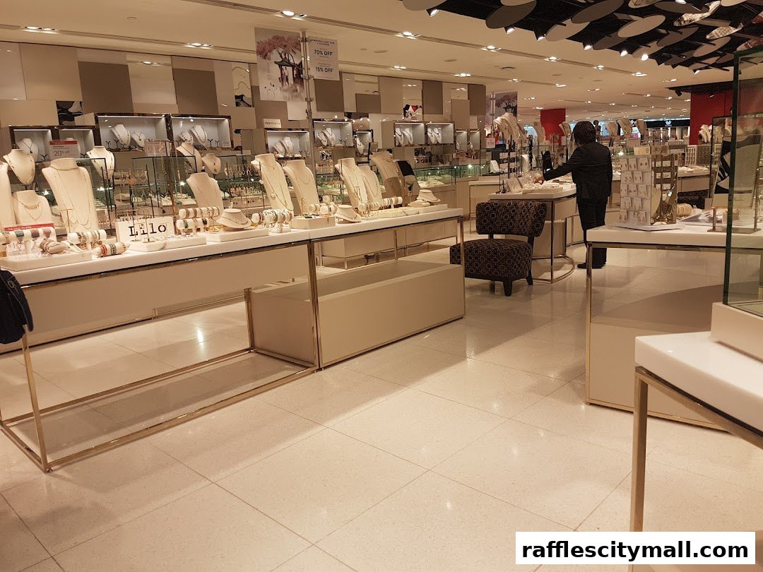 Interior view of a well-lit jewelry store with display cases filled with necklaces and earrings.