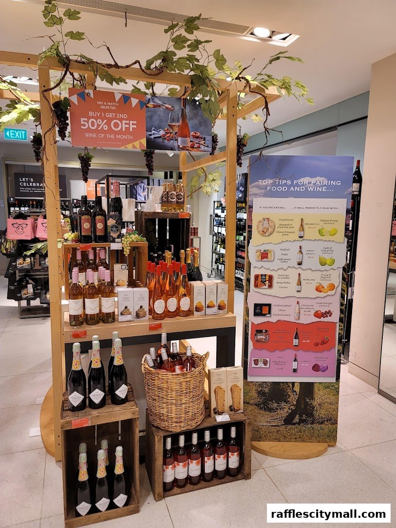 A display of wine and sparkling wine with a promotional sign for 'Wine of the Month'.