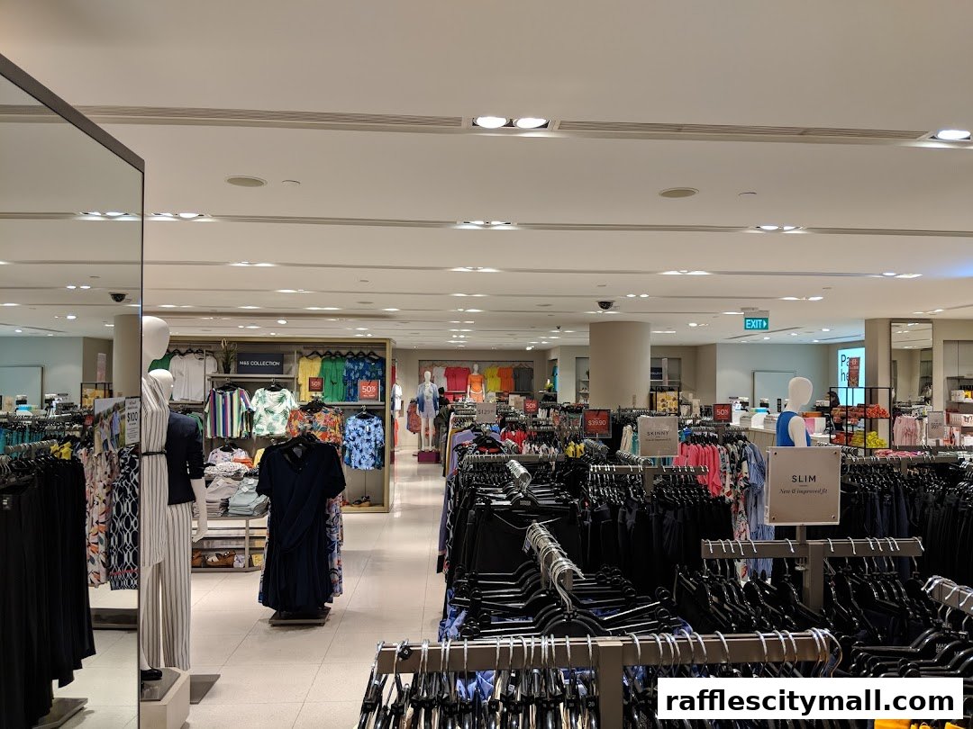 Interior view of a Marks & Spencer clothing store with racks of apparel and mannequins.