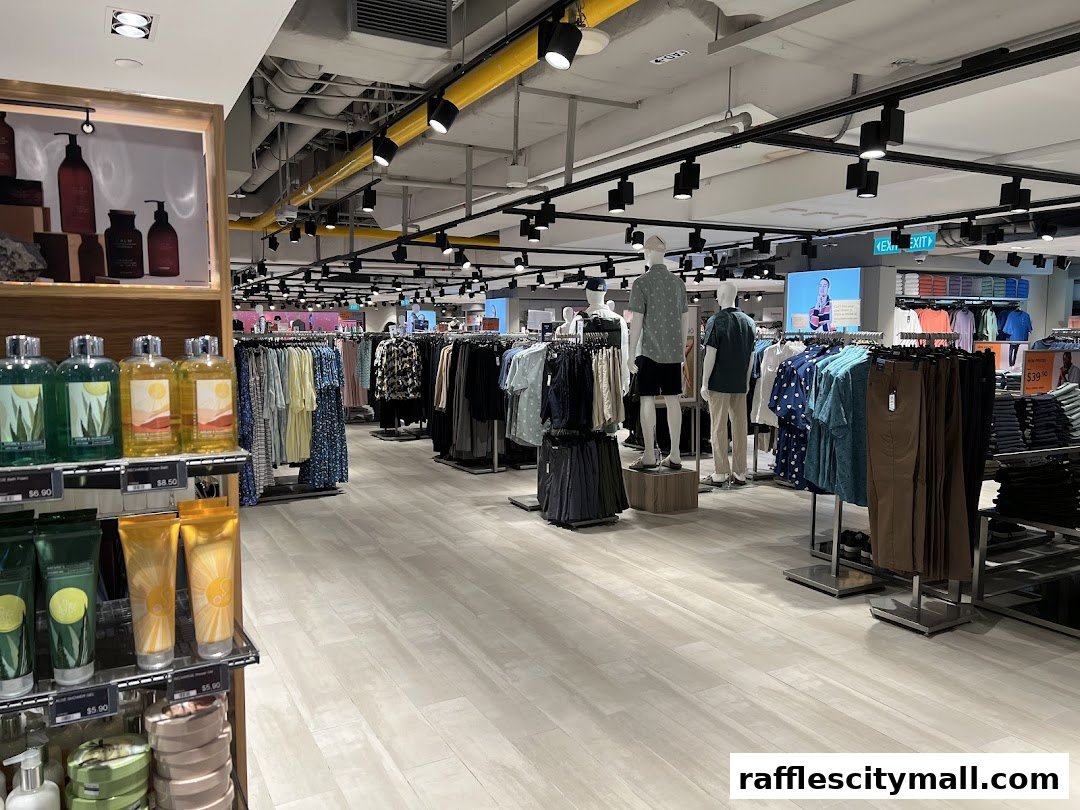 Interior view of a Marks & Spencer store showcasing clothing and personal care products.