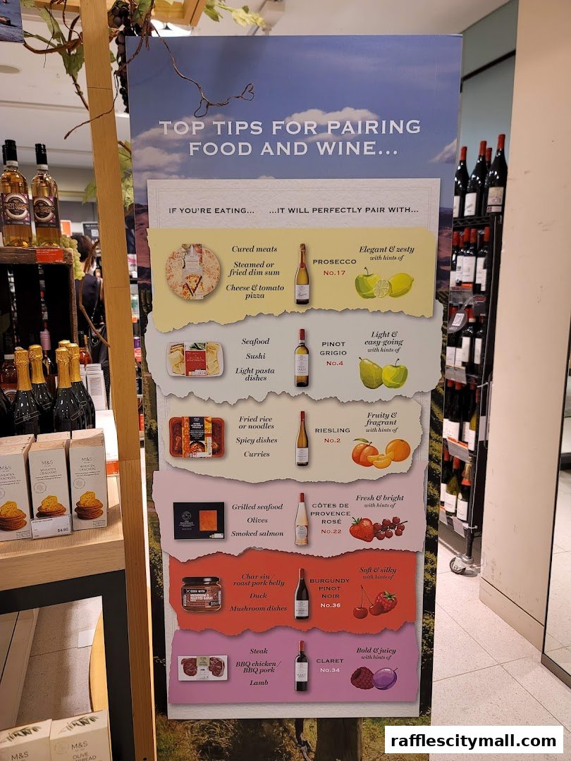 A display board showing food and wine pairing suggestions with product images.