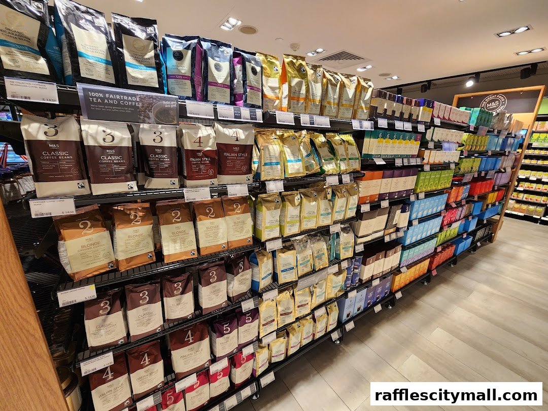 Shelves stocked with various brands and types of coffee beans and ground coffee.