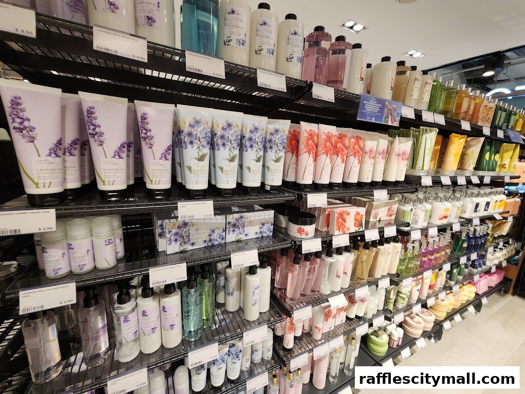 Shelves stocked with various lavender-scented bath and body products, including lotions and shower gels.