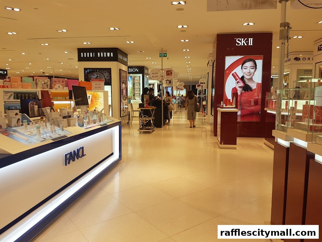Interior view of a beauty store with various cosmetic brands displayed.